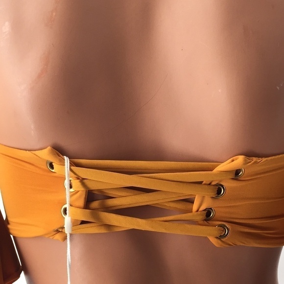 BIKINI Off Shoulder Bandeau Ruffle Top Lace Up Yellow - Picture 5 of 11